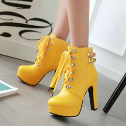 Hot Sale-Women Ankle Boots Square High Heel Martin Boots Fashion Cross Tied Platform Round Toe Autumn Winter Shoes Black Yellow White