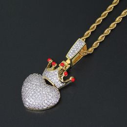 18k New Guy Gold Cz Cubic Zirconia Blingbling Crown Heart Pendant Necklace Hip Hop Iced Out Diamond Miami Rapper Jewelry Gifts for Men Women