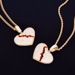 Hot Sales Men's Broken Heart Pendant Gold Necklace With Rope Chain Red oil Cubic Iced Zircon Hip hop Rock Jewelry