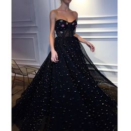 Coloful Beaded Strapless Black Long Prom Dresses Sleeveless Ruffle Elegant Formal Party Gowns 2019 Custom Made Evening Dress
