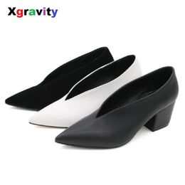 Xgravity Spring Autumn European American Sexy Pointed Toe Dress Shoes Deep V Design Woman Footwear Chunky Lady Wedges Shoes C262