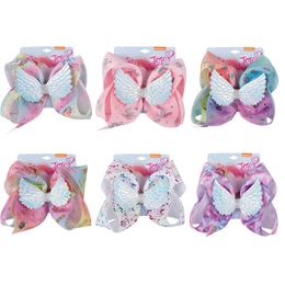 8" Unicorn Party Hair Bows For Girls JOJO Bows With Wings Rhinestone Hair Clip Handmade Ribbon Boutique Kids Hair Accessories Birthday Gift