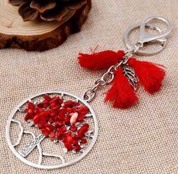 New Arrival Natural Gravel Life Tree Tassel Keychains Pendant Key Ring Jewellery 9 Colours For Party Gift