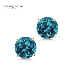 GemStoneKing Real 14K Yellow Gold earrings Fine Jewellery 5mm Round Natural London Blue Topaz 4-prong Stud Earring For Women