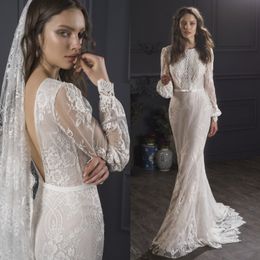 Lihi Hod Mermaid Backless Wedding Dresses Bateau Neck Long Sleeves Bridal Gowns Sweep Train robes de mariée