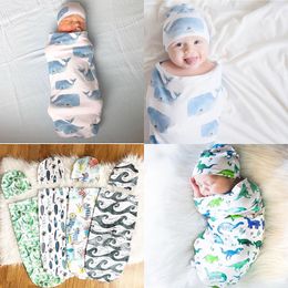 Ins Infant Baby Swaddle Cartoon Sleeping Bags Baby Boys Girls Muslin Blanket Hat 2pcs Set Newborn Baby Soft Cotton Cocoon Sleep Sack 4438