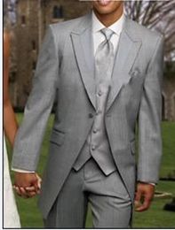 Light Grey Long Groom Tuxedos Peak Lapel Groomsmen Mens Wedding Dress Excellent Man Jacket Blazer 3Piece Suit(Jacket+Pants+Vest+Tie) 1683