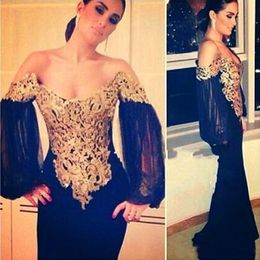 Sexy Off The Shoulder Long Sleeves Prom Dresses Mermaid Gold Lace Evening Dresses Custom Made Scoop Black Mermaid Robe De Soiree