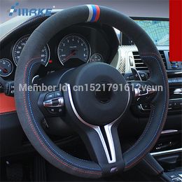 For BMW M4 High Quality Hand-stitched Anti-Slip Black Leather Black Suede Red Blue Thread DIY Steering Wheel Cover