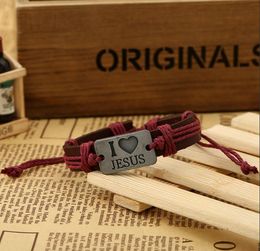I LOVE JESUS Leather Bracelet - Antique Style Pendant Hand-woven Rope Chain Charms Wrap Bracelets For Women Men