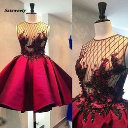 Abiye Crystal 3D Flower Short Prom Dresses Illusion Wine Red Puffy Cocktail Dress Fashion Formal Party Gowns Abendkleider