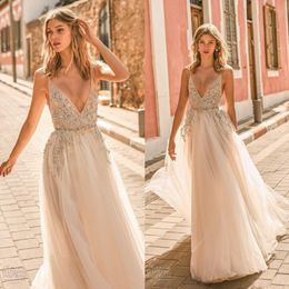 Amazing Berta Appliqued Beach Wedding Dresses Deep V Neck Beaded Backless Bridal Gowns A Line Sweep Train Tulle robe de mariée