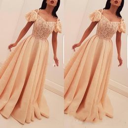 Saudi Arabic Lace Long Evening Dresses A-Line With Short Sleeves Special Occasion Prom Gowns Abaya Customised Robes