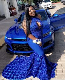 Royal Blue Prom Dresses New Sexy Sleeveless Mermaid African 3D Rose Floral Flowers Evening Gowns Sweep Train Halter Evening Vestidos