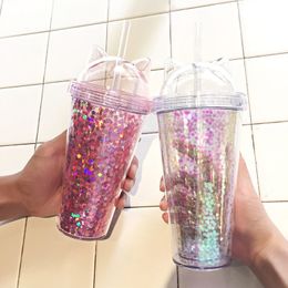 Creative Cat Ear Shaped Bottle Plastic Double Layer Tumbler Sequin Coffee Cup with Lid and Straw Travel Mug