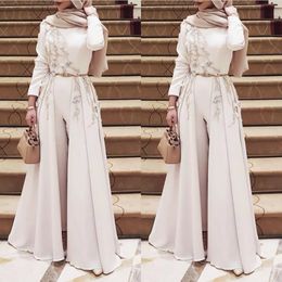 Long Sleeve Muslim Prom Dresses with Overskirt 2021 Appliqued robe soiree Islamic dubai Hijab Evening Gowns Pantsuit Formal Dress