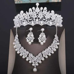 High Quality Wedding Crown Bridal Head Piece Pearl Tiara Jewellery Women Hair Accessories Set Silver Headpiece Big Pageant Crown CJ191226