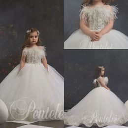 Ball Gown Flower Girls Dresses Sequins Feather Jewel Neck Girls Pageant Dresses Sweep train Girls Party Gowns