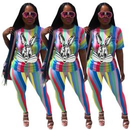 Women two piece pants sweatsuit summer clothes casual striped print crew neck 1/2 sleeve t-shirt fashion skinny pants sequins jogger suit446