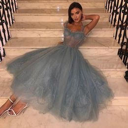Grey Tea Length Party Dresses With Spaghetti Straps Lace And Tulle Cheap Prom Dress Exposed Boning A Line Homecoming Dress