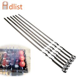 21.6'' 55CM BBQ Skewers Stainless Steel Large Flat Barbecue Needle Skewer Set Sticks Shish Kabob Metal Handle Outdoor Forks Tool T200111