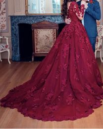 Saudi Arabic 3D Flower Lace Burgundy Wedding Dresses 2020 Full Sleeves Burgundy Beaded Colored Muslim Bridal Gowns Robe De Mariee Non White