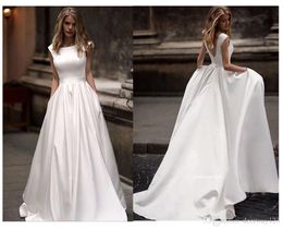 2020 Nuovi abiti da sposa con tasca Vestido de novia Abiti da sposa senza maniche in raso bianco Abito da sposa lungo fino al pavimento