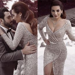Dubai Luxury Silver Sequin Sexy Deep V-Neck Evening Dress Long Sleeves Sparkly Prom Gowns Special Occasion High Split Robe De Soiree