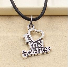 New Fashion Tibetan Silver Pendant i love my soldier Necklace Choker Charm Black Leather Cord Factory Price Handmade jewelry