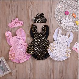 Baby Girls Clothes Ins Paillette Clothing Sets Rompers Headband Suits Kids Summer Ruffle Jumpsuits Fahion Sleeveless Bodysuit Onesies AYP470