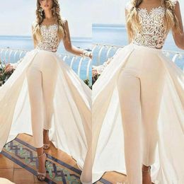 Wedding Dresses Jumpsuits With Detachable Train Jewel Neck Lace Appliqued Illusion Long Sleeves Bridal Gowns Custom Made Abiti Da 3235