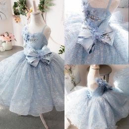Tulle Flower Glitter Light Blue Sequine First Communion Gowns for Little Girl Ball Gown Princess Girls Pageant Dresses s