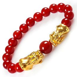 Feng Shui bracelets for Lucky Fortune 3D Imitation Gold Pixiu Charms Red Agate Beads Bracelet