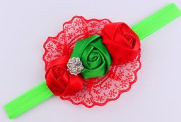 lovely Baby lace rose flower rhinestone headband Toddler Girl elastic Ribbon Haidband Hair accessory Photo props 10 Colours