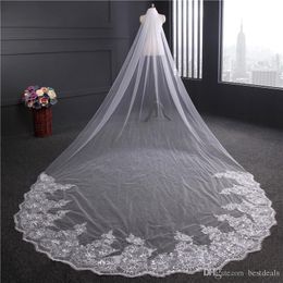 2020 Luxury Beading Crystal 3 Metres Cathedral Length Bridal Veils White Ivory Lace Applique Sequins Edge With Comb Wedding Veil C276s