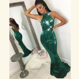 Cheap Dark Green Sexy Sequined Prom Dresses Floor Length Halter Neck Backless Floor Length Cocktail Party Dress Dress Evening Wear