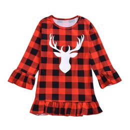 Chritmas kids Girls Plaid Dress Long Sleeve Ruffle Deer Head Print Girls Dresses Xmas Kid Clothing Baby Princess Dress Clothes M544