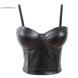 Charmian Women's Sexy Faux Leather Strap Bustier Racer Bustiers Top Leather Corsets And Bustier Gothic Pu Crop Bra Top Y19071901