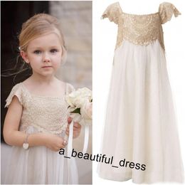 Flower Girl Dresses for Bohemian Wedding Cheap Floor Length Cap Sleeve Empire Champagne Lace Ivory chiffon First Communion Dresses FG1262