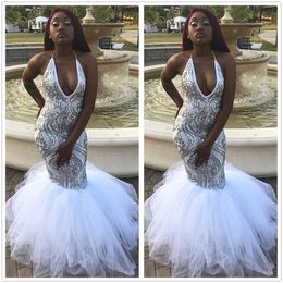 Halter Sequins Mermaid Prom Dresses 2020 Black Girls Tulle Sweep Train Formal Party Evening Gowns BC4127