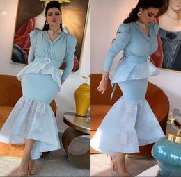 Blue Mermaid Light Arabic Evening Dresses Tea Length V Neck Peplumn Crystal Custom Made Long Sleeves Prom Party Gown Formal Ocn Wear