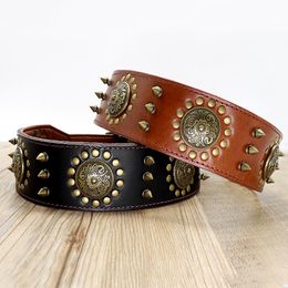 Leather Large Dog Collar Pitbull Spiked Studded Collars for Medium Large Big Dogs Genuine Leather Durable Pet Collar Brown2323
