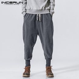 INCERUN Men Harem Pants Drawstring Cotton Joggers Solid 2019 Streetwear Drop-Crotch Trousers Men Baggy Casual Sweatpants S-5XL