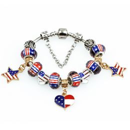 Heart Pandora Design Bracelets US Flag Star Charms Jewelry for Girls Women Vintage Silver Crystal Handmade Fashion Beads Bangles Bracelet