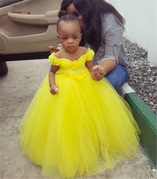 Little Princess Yellow Tulle Flowers Girls Dresses Off the Shoulder Puffy Gown Kids Birthday Party Dresses for Girls