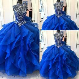 Cheap Vintage Royal Blue Quinceanera Ball Gown Dresses High Neck Beaded Crystal Cap Sleeves Organza Tiered Puffy Party Prom Evening Gowns
