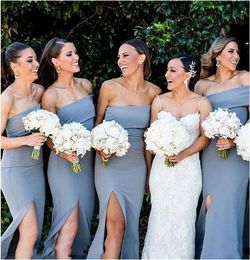 Dusty Blue Cheap Bridesmaid Dresses Long Strapless Satin High Side Split Sheath Country Style Wedding Guest Dress Maid of Honor Gowns