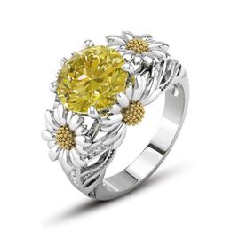 18K Platinum Plated Zircon Crystal Sunflower Gemstone Ring Fashion Jewellery European American Women Gift Jewellery