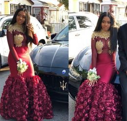 Burgundy Color Long Sleeves Prom Dresses South African Black Girls Appliques Holidays Graduation Wear Evening Party Gowns Plus Size