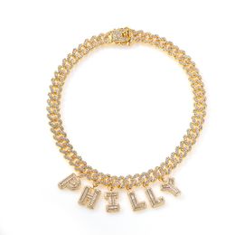 Hip Hop Custom Name Baguette Letter With Cuban Chain Men Women Micro Cubic Zircon Pendant Necklace Jewelry